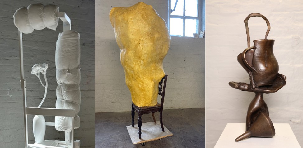 Three sculptures from the HERE, THERE AND NOW exhibition by The Yorkshire Sculptors Group.