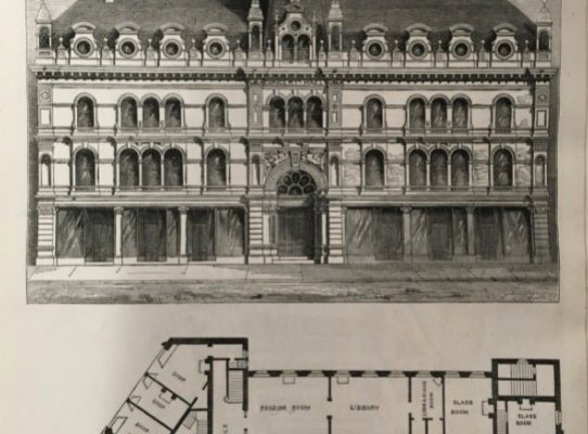 Architects drawing for The Mechanics Institute and Public Hall. Published in The Builder, 9 March 1878.